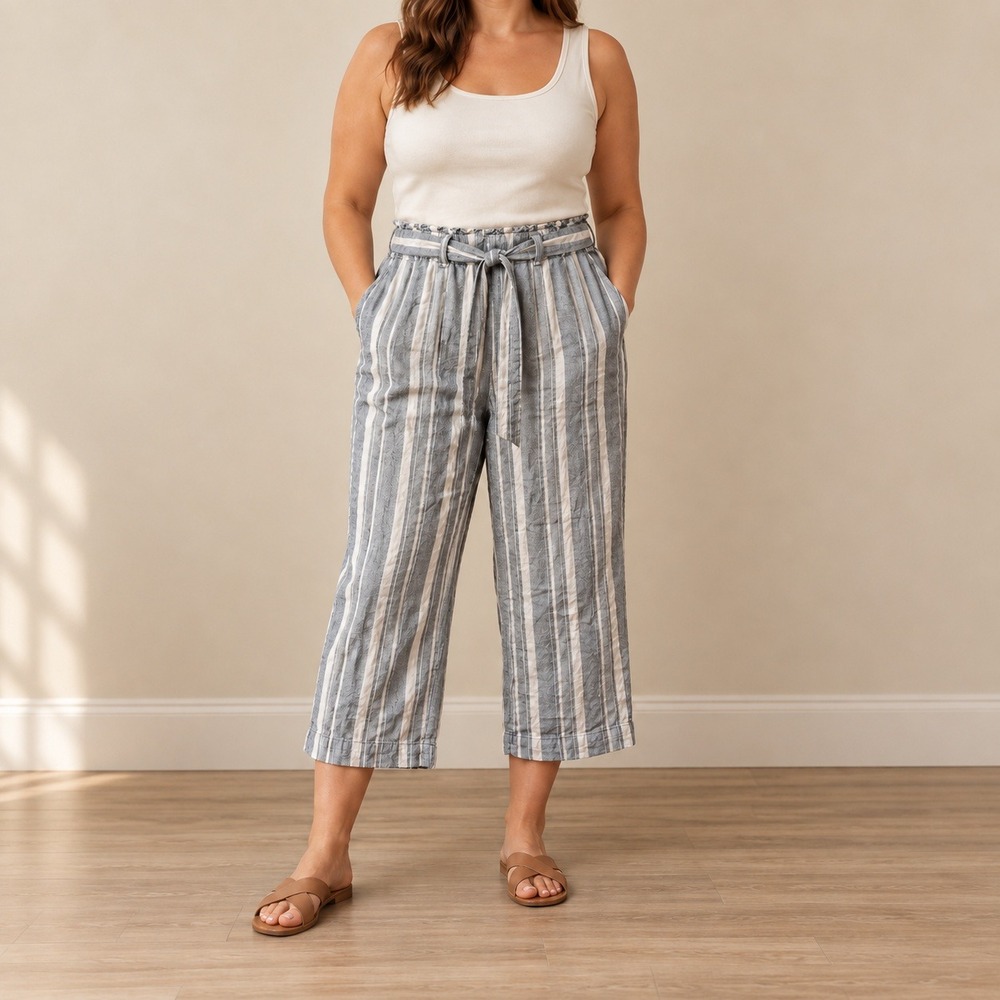 LOFT Outlet Linen Blend Wide Leg Crop Pants Women Large Gray Stripe Coastal